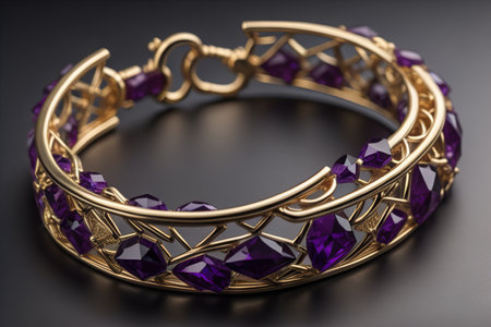 Bracelet with purple stones on a black background close-up. generative aiの素材