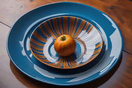 Plate with a pumpkin on a wooden table. Toned. generative aiの素材