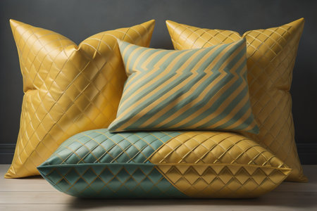 Colorful pillows on wooden floor, closeup. Interior design. generative aiの素材