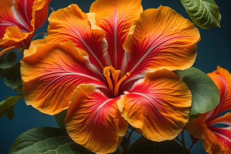Orange hibiscus flower on dark background, close-up. generative aiの素材