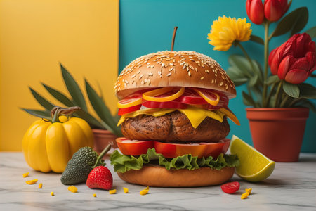 Hamburger with fresh vegetables on white marble table and colorful background. generative aiの素材