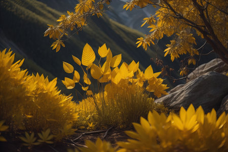 Autumn landscape with yellow leaves on the background of the mountains. generative aiの素材