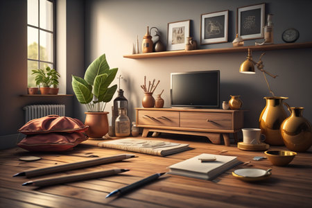Interior of living room with furniture, armchair, books, coffee table and other items. generative aiの素材