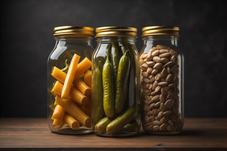 Preserved vegetables in glass jars on wooden table over dark background. generative aiの素材
