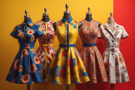 Fashionable clothes on mannequins on color wall background. generative aiの素材