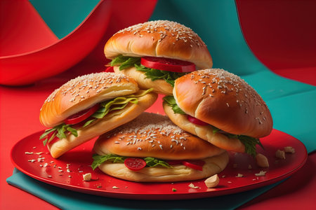 Three hamburgers on red plate with red and blue background. generative aiの素材