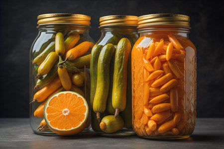Pickled vegetables in glass jars on a dark background. Close up. generative aiの素材
