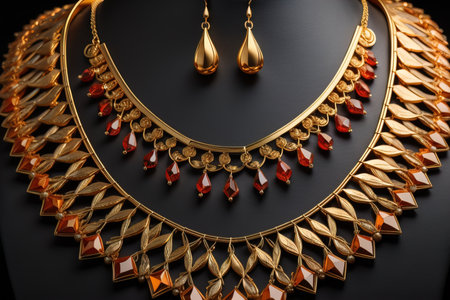 Beautiful golden necklace with precious stones on black background, closeup. generative aiの素材