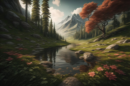 Beautiful autumn landscape with lake and mountains in the background. generative aiの素材