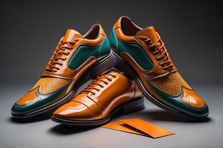 Pair of sport shoes with orange shoelaces on grey background. generative aiの素材