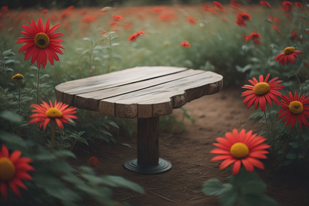 Wooden table in the field with red daisies, vintage style. generative aiの素材