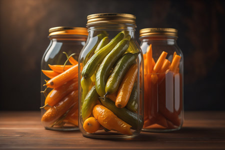 Mason jars with pickled vegetables on wooden table, closeup. generative aiの素材