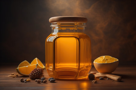 Honey in a glass jar on a wooden background. Copy space. generative aiの素材