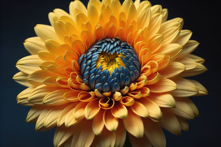 Close up of a yellow dahlia flower on a dark background. generative aiの素材