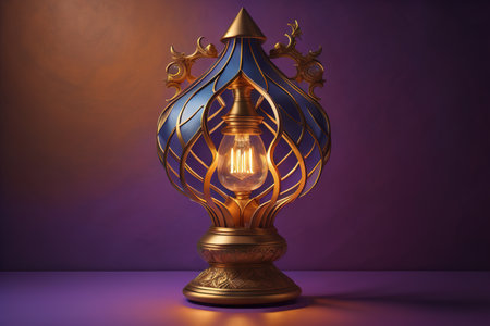 Lantern with blue and gold decor on purple background. generative aiの素材