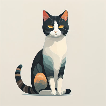 Vector illustration of a black and white cat sitting on the floor. generative aiの素材