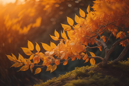 Bonsai tree with yellow leaves in autumn forest at sunset. generative aiの素材