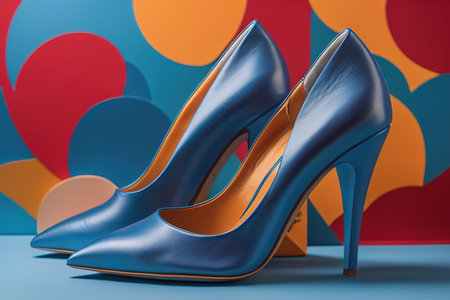 Blue high heel shoes on colorful background. generative aiの素材