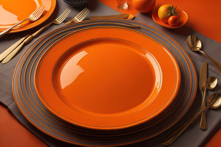table setting with orange plates and cutlery. generative aiの素材
