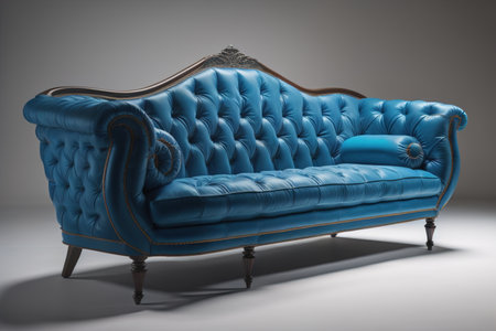 Classic blue leather sofa with blue pillows. generative aiの素材