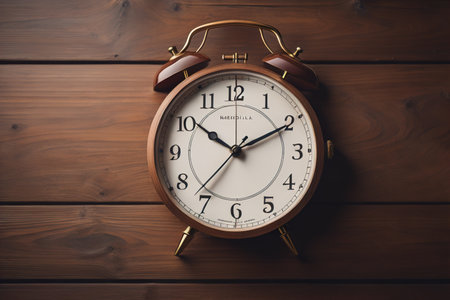 Retro alarm clock on wooden background. Vintage alarm clock on wooden background. generative aiの素材