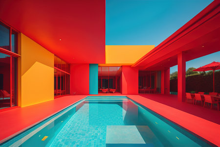 Swimming pool in modern villa with red and orange walls. generative aiの素材