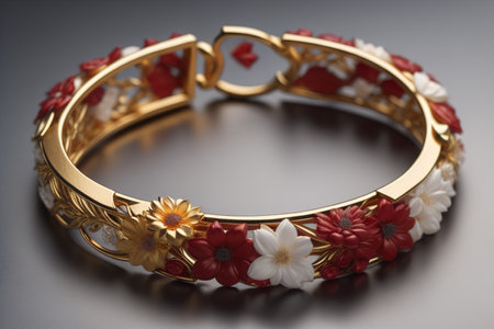 Beautiful gold bracelet with flowers on a dark background close-up. generative aiの素材