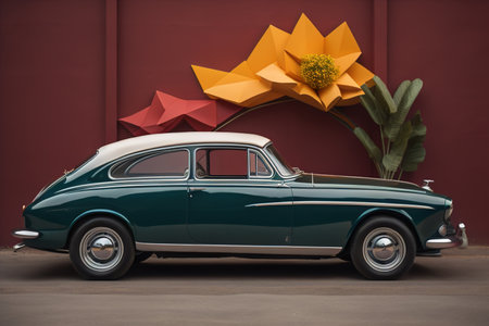 Vintage green car on the background of a red wall with flowers. generative aiの素材