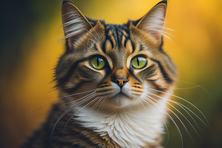 Portrait of a beautiful tabby cat with green eyes on blurred background. generative aiの素材