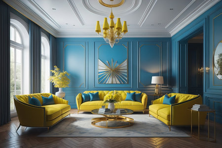 Classic living room interior with blue walls, wooden floor, blue sofa with yellow armchairs and coffee table. generative aiの素材