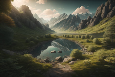 Fantasy landscape. Mountain lake in the mountains. generative aiの素材