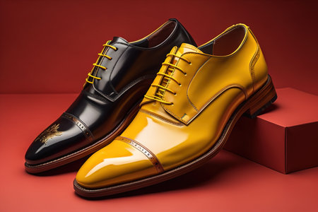 Golden man's shoes isolated on red background. generative aiの素材