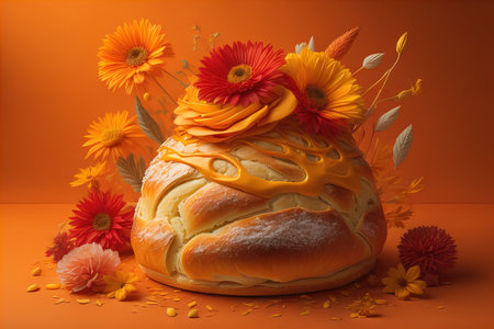 Bun with honey and flowers on orange background, close-up. generative aiの素材