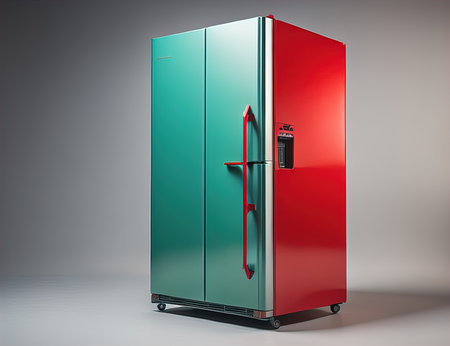 Red and green refrigerator on a gray background. generative aiの素材