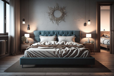 Interior of a modern bedroom with a bed and a round mirror. generative aiの素材