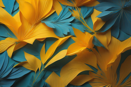 Abstract background of yellow and blue paper leaves. generative aiの素材