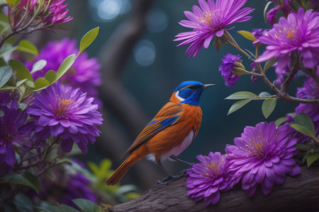 Colorful bird sitting on a branch with purple flowers in the background. generative aiの素材