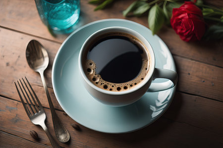 Cup of coffee and red rose on wooden table, closeup. generative aiの素材
