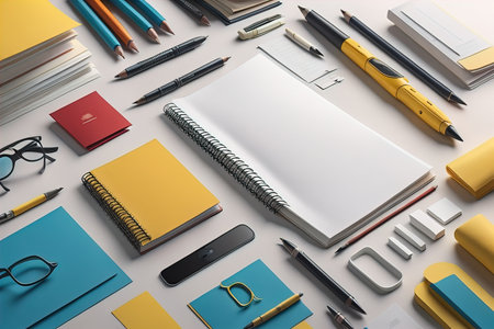 High angle view of various office supplies on white background. Mock up. generative aiの素材