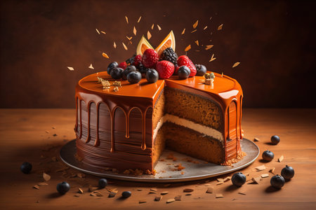 Delicious chocolate cake with berries on wooden table, close-up. generative aiの素材