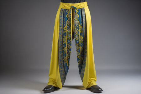 Fashion model posing in studio, wearing yellow pants and black shoes. generative aiの素材