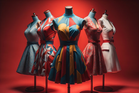 Women's clothes on a mannequin on a red background. generative aiの素材