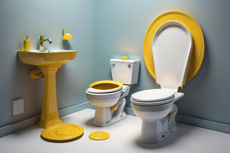 a toilet in a room with yellow and blue walls. generative aiの素材