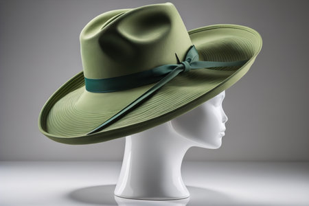Women's hat with green bow on a white mannequin head. generative aiの素材