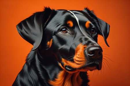 Portrait of Rottweiler dog on a orange background. generative aiの素材