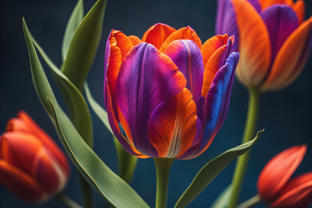 Tulip flower bouquet. Colorful tulips on dark background. generative aiの素材