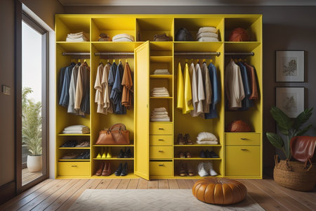 Bright yellow wardrobe with clothes hanging on the wall. generative aiの素材