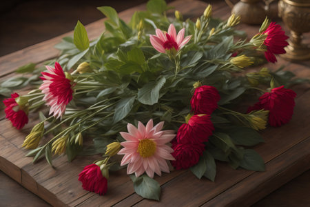 Beautiful bouquet of dahlias on a wooden table. generative aiの素材