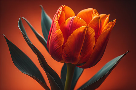 Red tulip on orange background. Close up. Toned. generative aiの素材