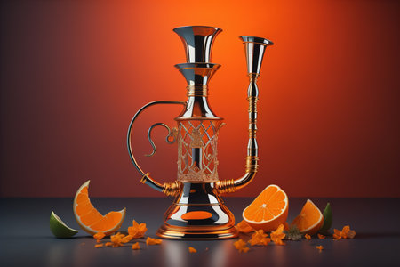 Arabic hookah with orange fruit on a dark background. generative aiの素材